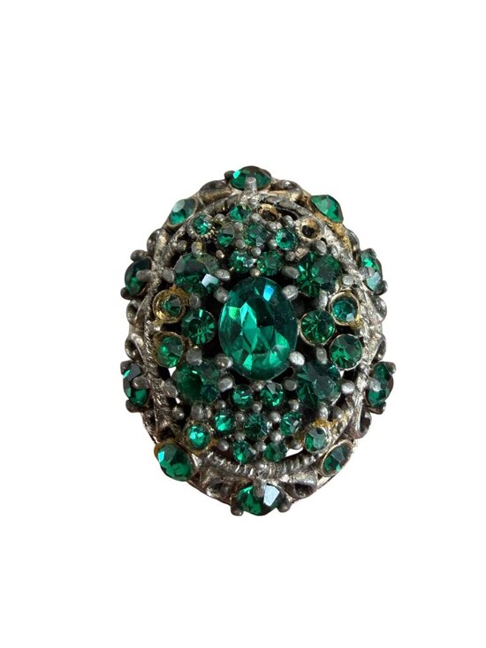 Hollycraft Jewelry - Vintage Statement Signed Hollycraft Adjustable Size Green Rhinestone Ring  READ